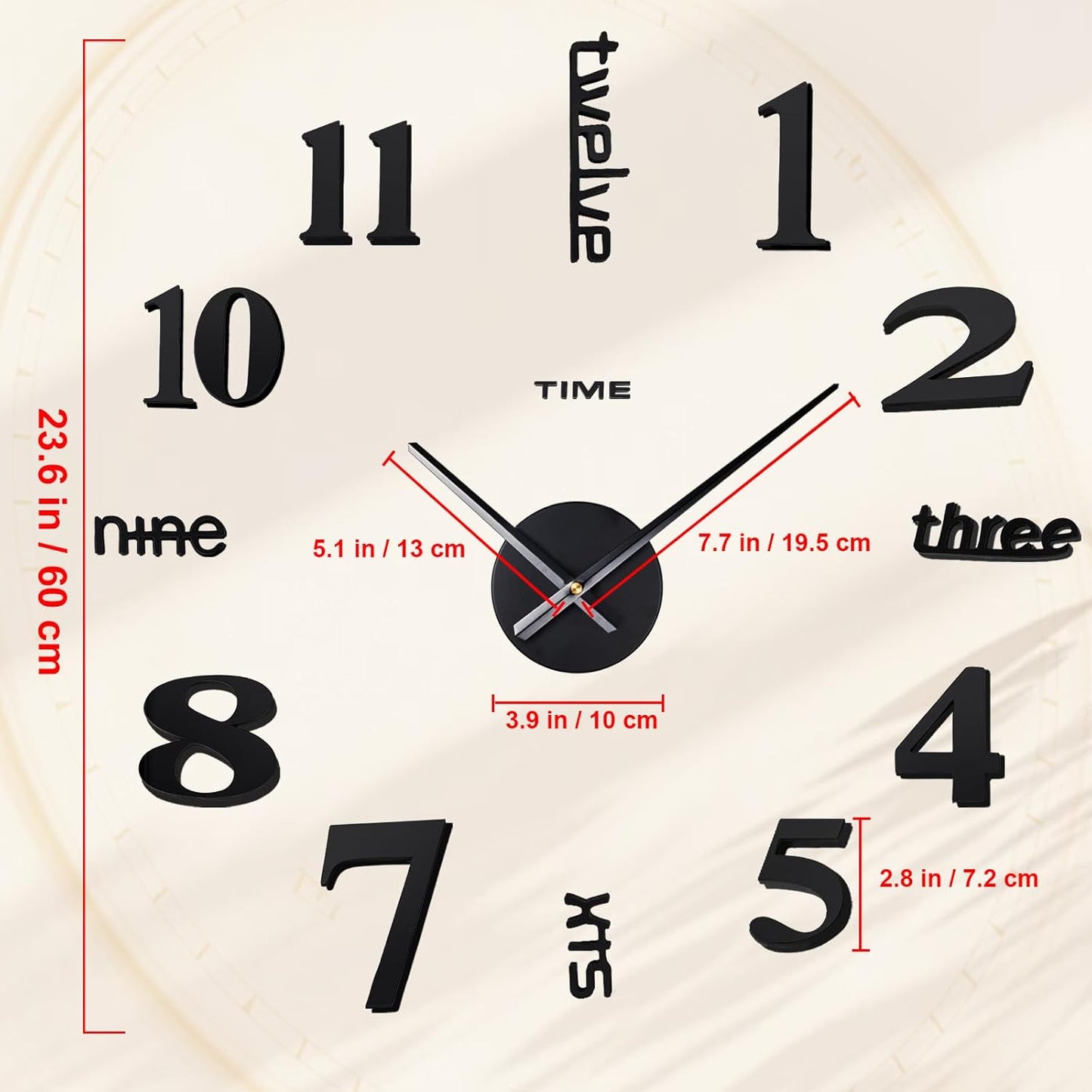 20-28 Inch DIY Wall Clock 3D Frameless Silent Non-Ticking, Modern Battery Operated Wall Clocks for Living Room, Bedroom, Office, and Home Decoration (Black)