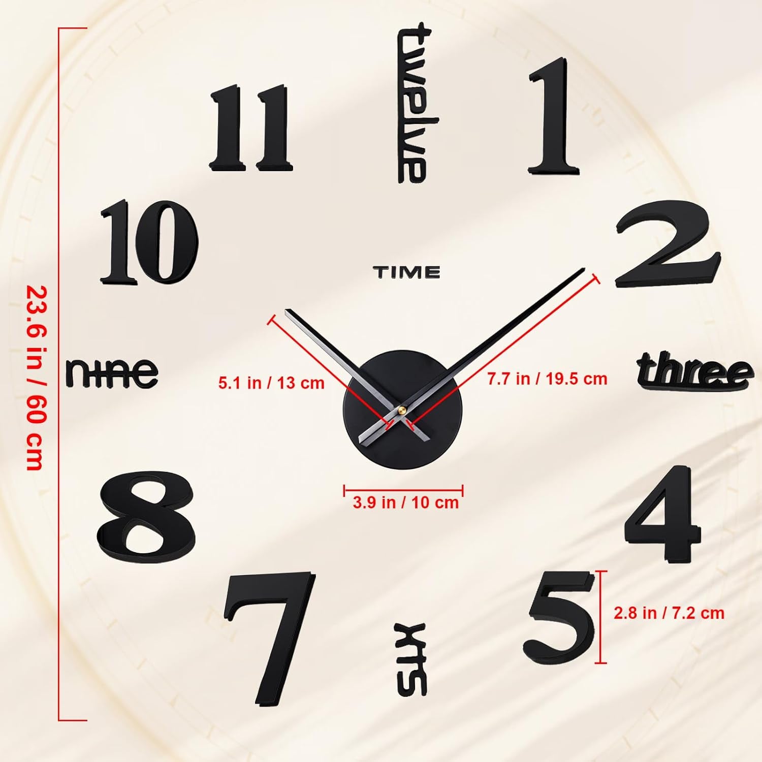 20-28 Inch DIY Wall Clock 3D Frameless Silent Non-Ticking, Modern Battery Operated Wall Clocks for Living Room, Bedroom, Office, and Home Decoration (Black)