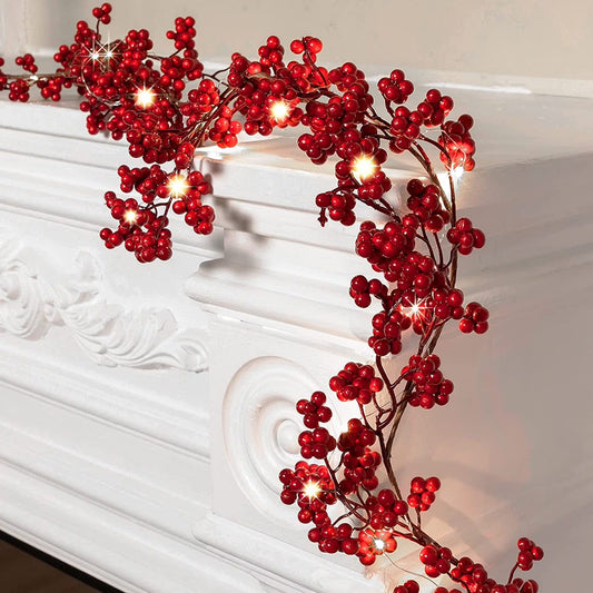 5.9Ft Red Berry Christmas Garland with Lights Artificial Garland for Indoor Mantle Fireplace Staircase Home Xmas Decoration