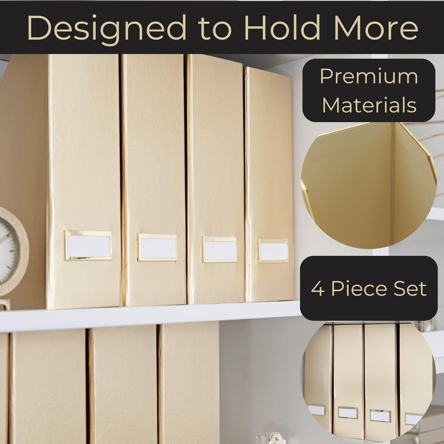 Gold Magazine File Holder Set of 4 – Stylish Desk Organizer for Home & Office - Elegant Office Supplies, Bookends & Durable File Holders for a Gold Office Decor