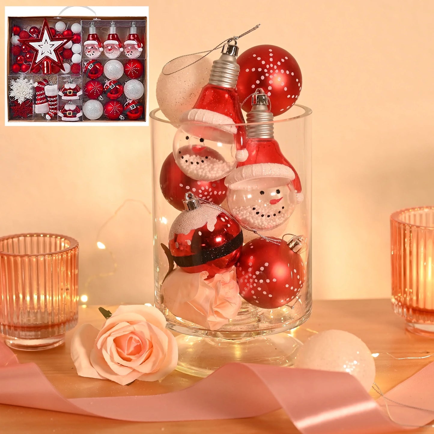 70Ct Christmas Ornaments Set, Red White Christmas Tree Ornaments for Holiday Party Decor