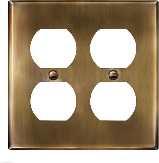Antique Brass Double Duplex Receptacle Metal Wall Plate, Stainless Steel Outlet Cover, Corrosion Resistant, Standard Size 2-Gang 4.50" X 4.57", Stainless Steel 201, 7722-AB