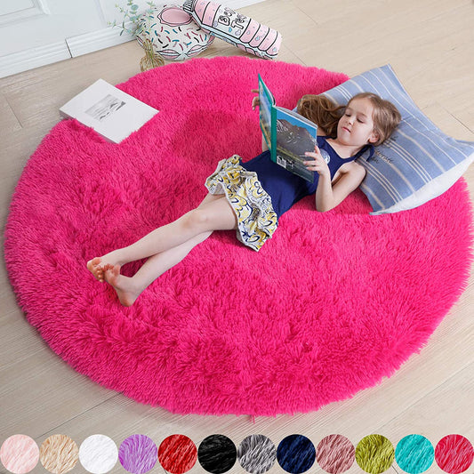 Hot Pink round Rug for Girls Bedroom,Fluffy Circle Rugs 4'X4' for Kids Room,Furry Carpet for Teen Girls Room,Shaggy Circular Rug for Nursery Room,Fuzzy Plush Rug for Dorm,Pink Carpet,Cute Room Decor