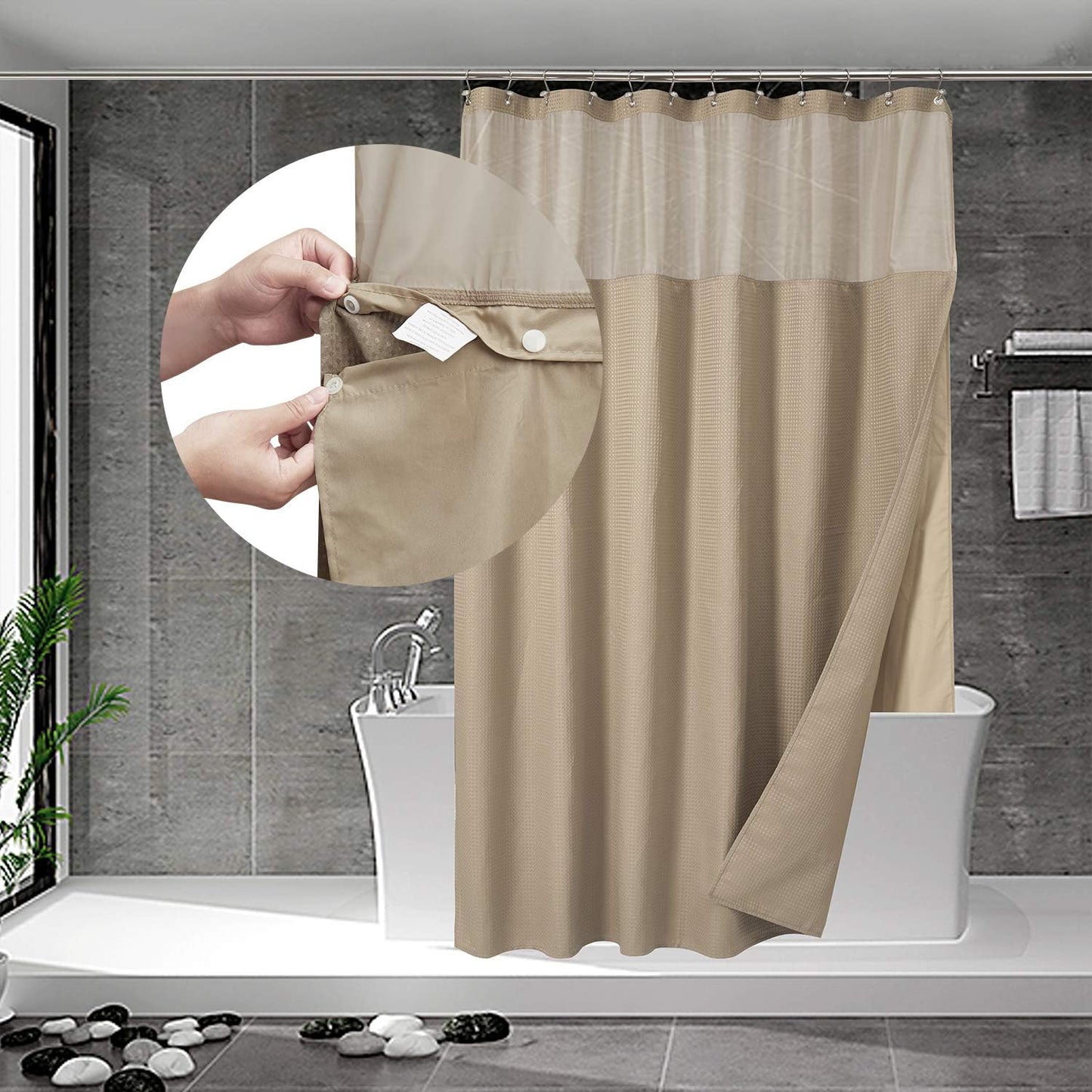 Waffle Weave Shower Curtain with Snap-In Fabric Liner Set, 12 Hooks Included - Hotel Style, Water-Repellent & Washable, Mesh Top Window - 71X72, Linen