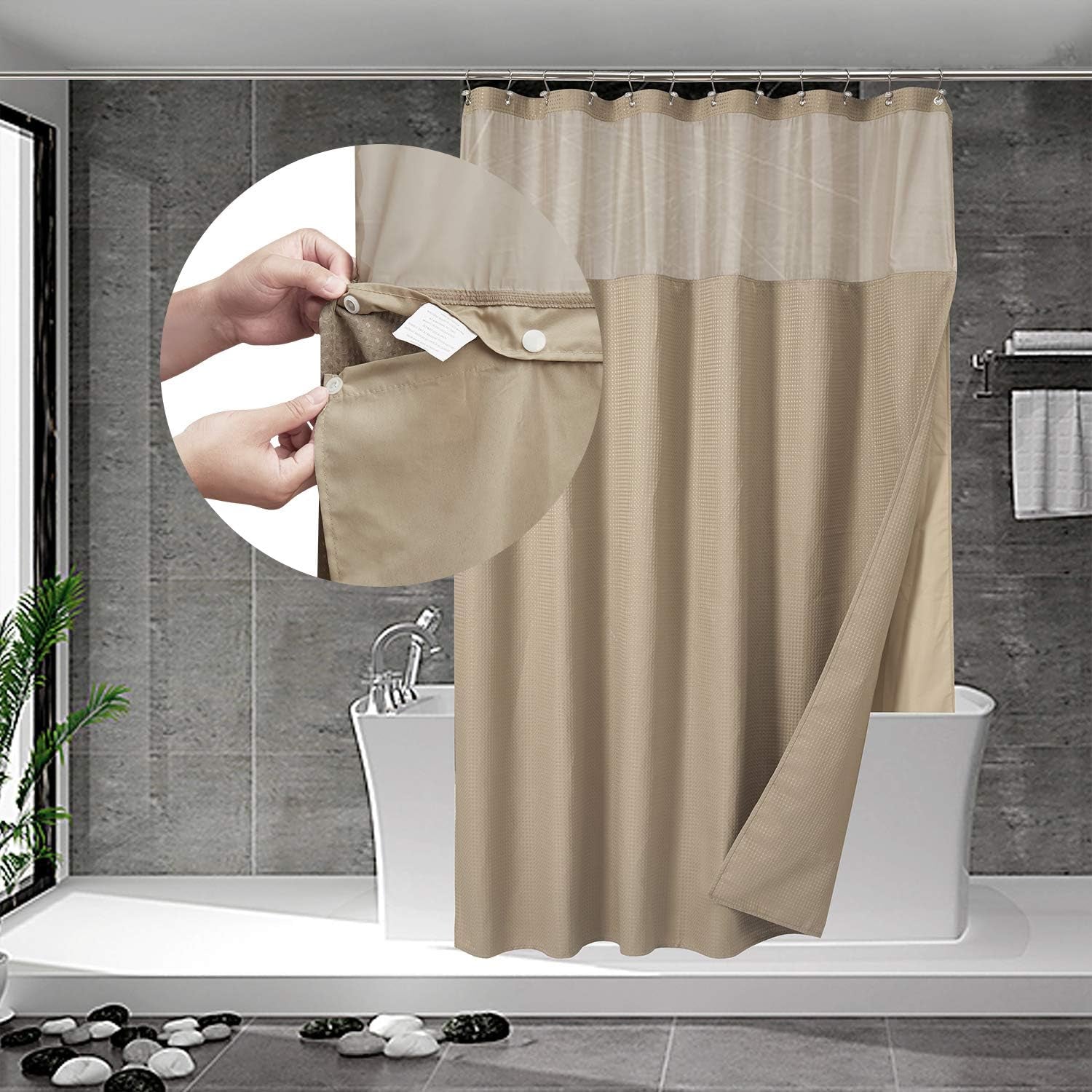Waffle Weave Shower Curtain with Snap-In Fabric Liner Set, 12 Hooks Included - Hotel Style, Water-Repellent & Washable, Mesh Top Window - 71X72, Linen