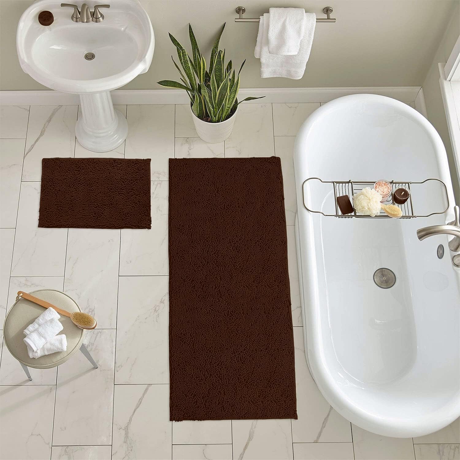 2-Piece Bathroom Rug Set – Ultra-Plush Chenille Mats, Includes Runner Rug, Soft, Absorbent, Non-Slip & Stylish (27X47 & 16X24 Inches, Brown)