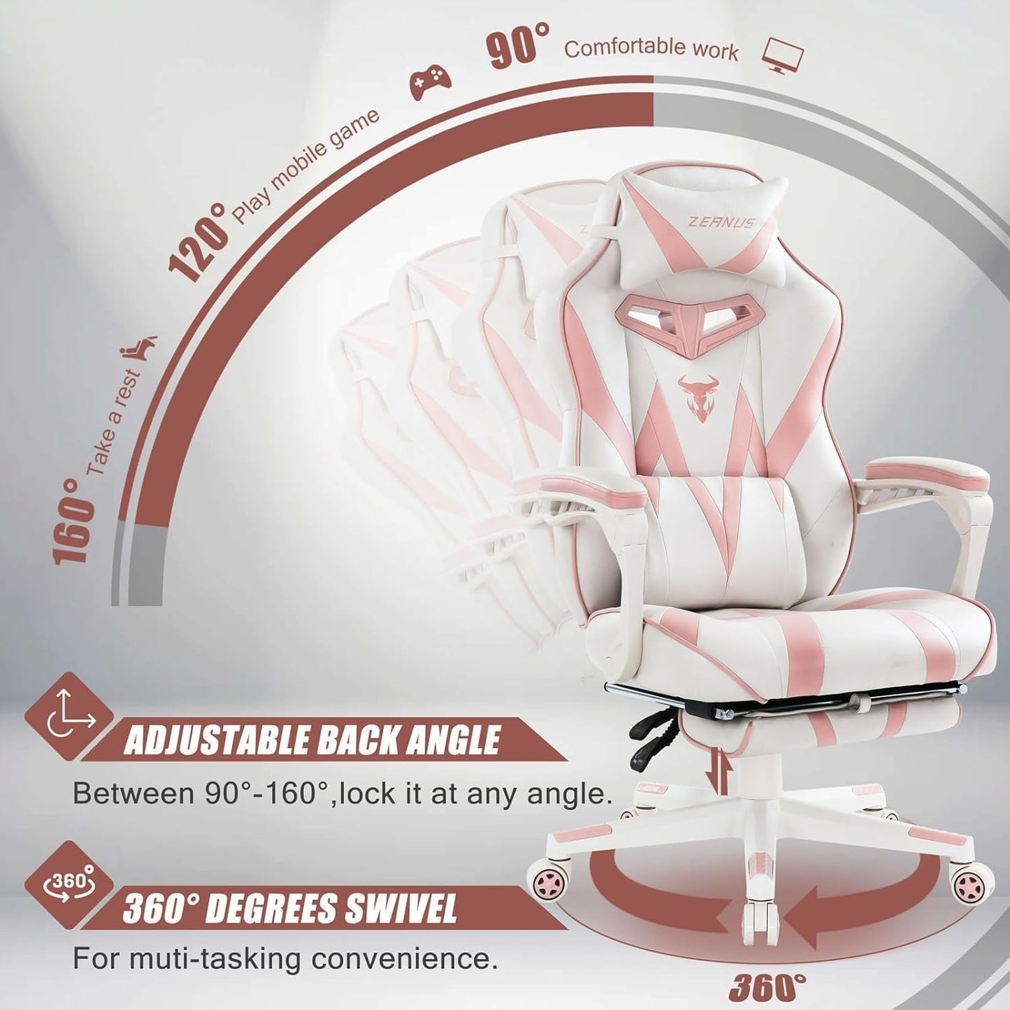 Pink Gaming Chair, Gaming Computer Chair for Girls, Reclining Gamer Chair with Footrest, Ergonomic PC Gaming Chair with Massage, Gaming Desk Chair for Women, High Back Gaming Chairs for Adults Pink