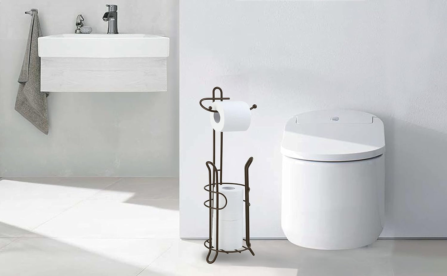 Freestanding Toilet Paper Holder with Storage – Holds 3 Spare Rolls, Heavy-Duty Steel, Oil Bronze Finish, Easy Assembly, Space-Saving Bathroom Organizer