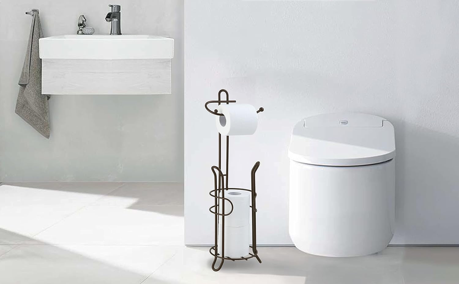 Freestanding Toilet Paper Holder with Storage – Holds 3 Spare Rolls, Heavy-Duty Steel, Oil Bronze Finish, Easy Assembly, Space-Saving Bathroom Organizer