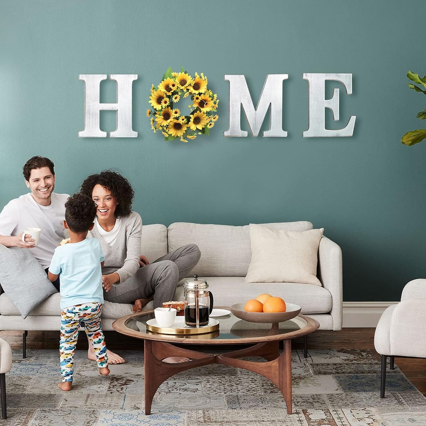 Wall Hanging 12” Wood Home Letters, Decorative Large Wooden Home Sign with Artificial Sunflower Wreath for O, Rustic Wall Decor Art, Farmhouse Wall Decoration for House Living Room Kitchen Entryway