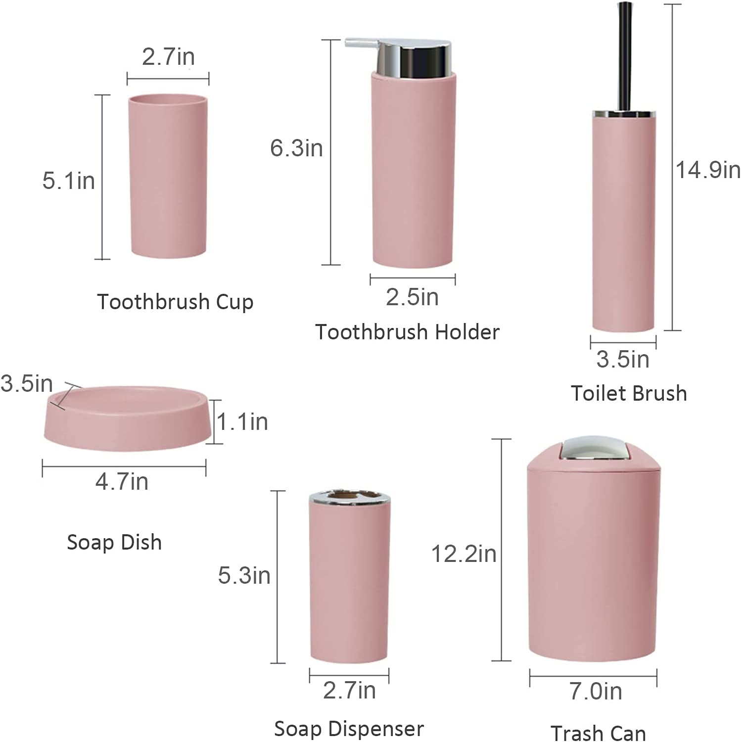 6 Pcs Pink Bathroom Accessories Set - Toothbrush Holder, Toothbrush Cup, Soap Dispenser, Soap Dish, Toilet Brush, Trash Can, Bathroom Decor Sets Accessories (Pink)