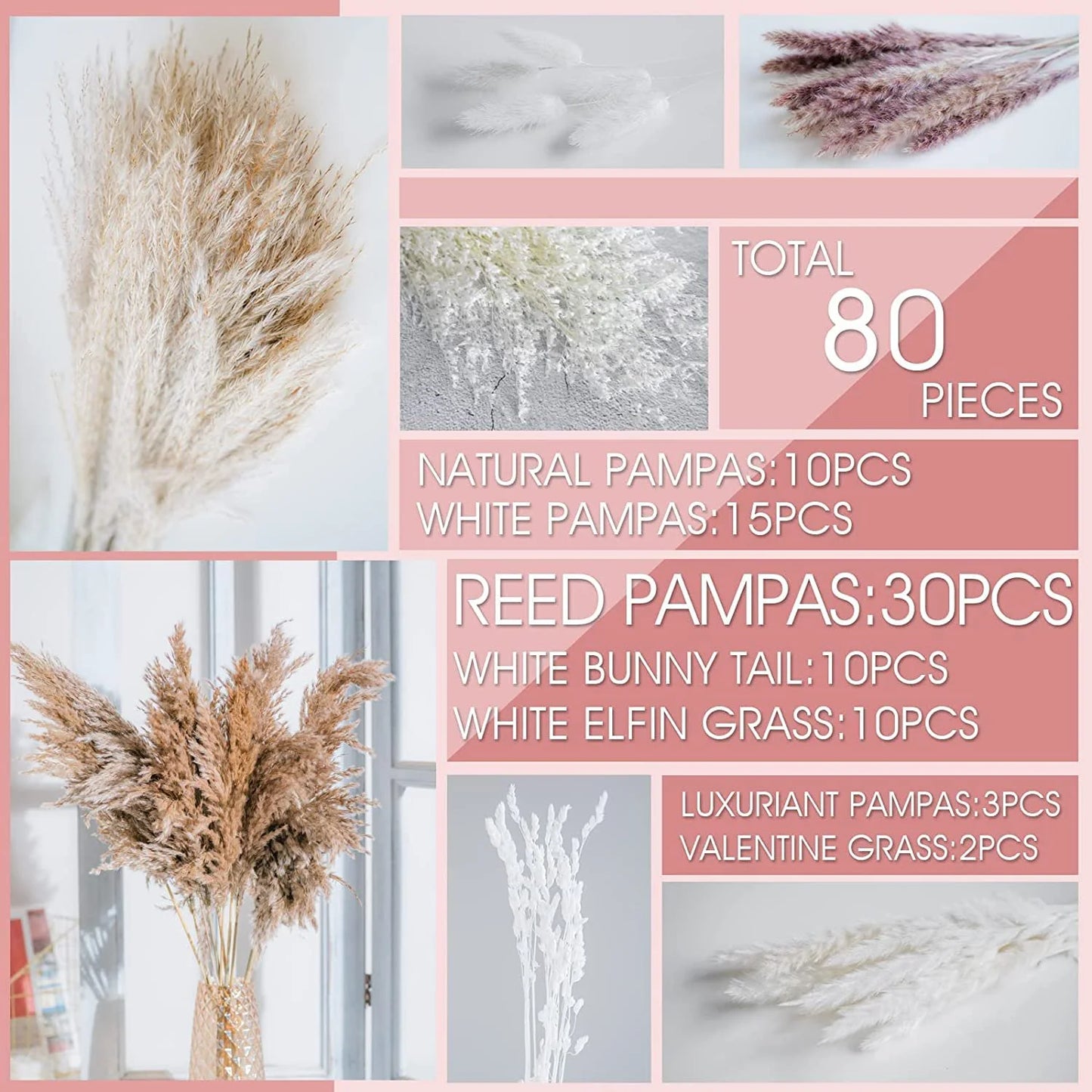 80 Pcs Natural Dried Pampas Grass Boho Home Decor Dried Reed Flowers for Wedding Floral Arrangements Wall Bathroom Decor Spring Decor