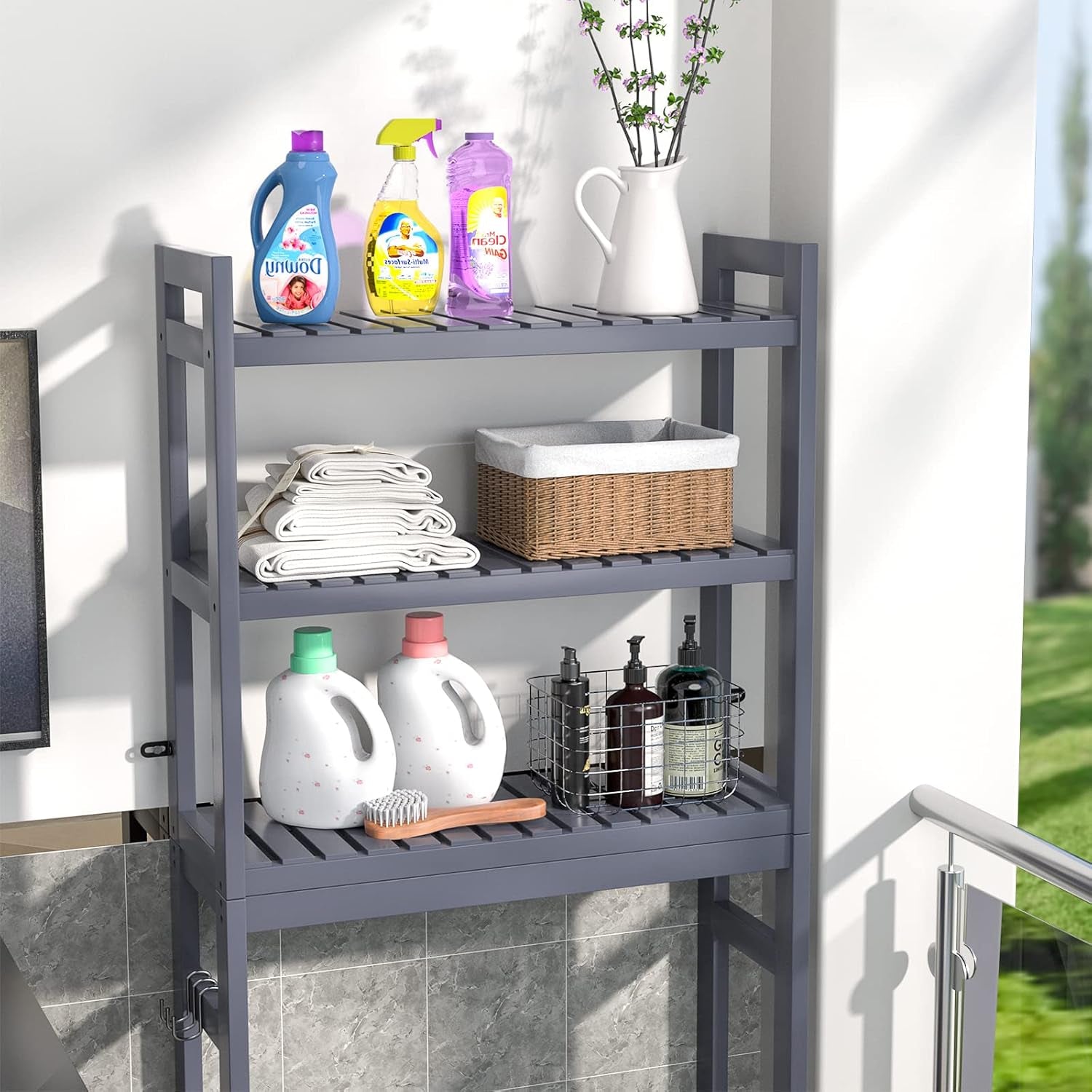 over the Toilet Storage, Bamboo 3-Tier Over-The-Toilet Space Saver Shelf Organizer Rack, Stable Freestanding above Toilet Stand with 3 Hooks for Bathroom, Restroom, Laundry, Blue Grey