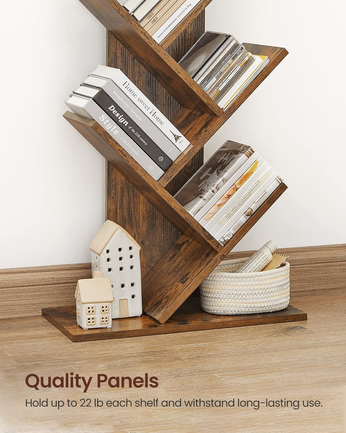Tree Bookshelf, 9-Tier Bookcase, Large Bookshelf, Space-Saving Corner Shelf, Book Tree, Holds Books, Cds, Games, for Bedroom, Living Room, Home Office, Rustic Brown ULBC11BX